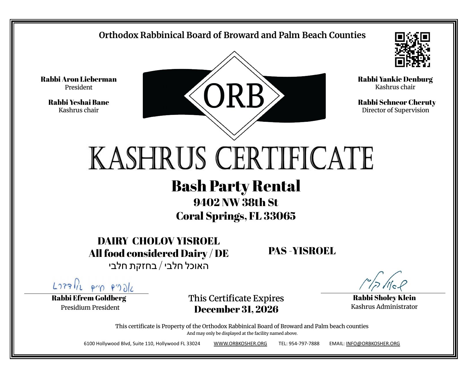 ORB Kashrus Certificate for Bash Party Rental — Dairy Cholov Yisroel, valid through December 31, 2026